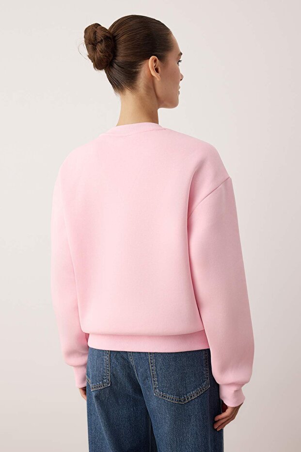 Açık Pembe Animal Nakışlı Regular/Normal Kalıp Kalın İçi Polarlı Örme Sweatshirt TWOAW24SW00196 - 4