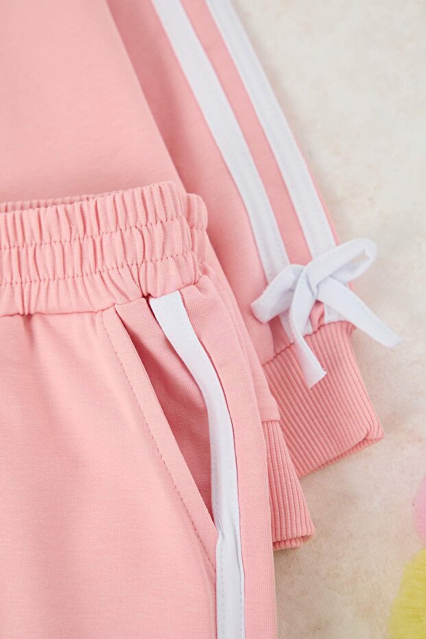 Pembe Kız Çocuk Pamuklu Düz Bisiklet Yaka Oversize Örme Alt - Üst Takım TKDAW26AU00019 - 3