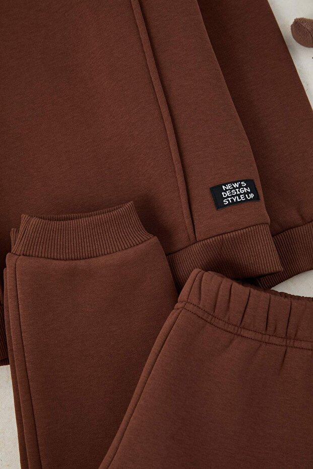 Kahverengi Pamuklu Düz Kapüşonlu Örme Erkek Çocuk Sweatshirt ve Eşofman Alt-Üst Takım TKDAW25AU00058 - 2