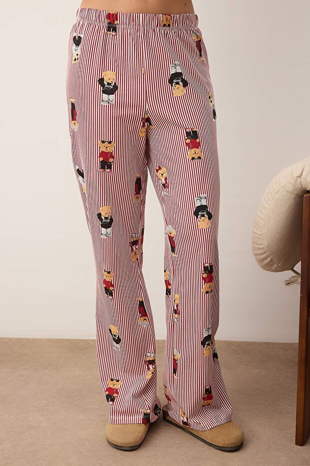 Çok Renkli %100 Pamuklu Ayıcık ve Çizgi Desenli Gömlek Yaka Örme Pijama Takımı THMAW26PT00171 - 3