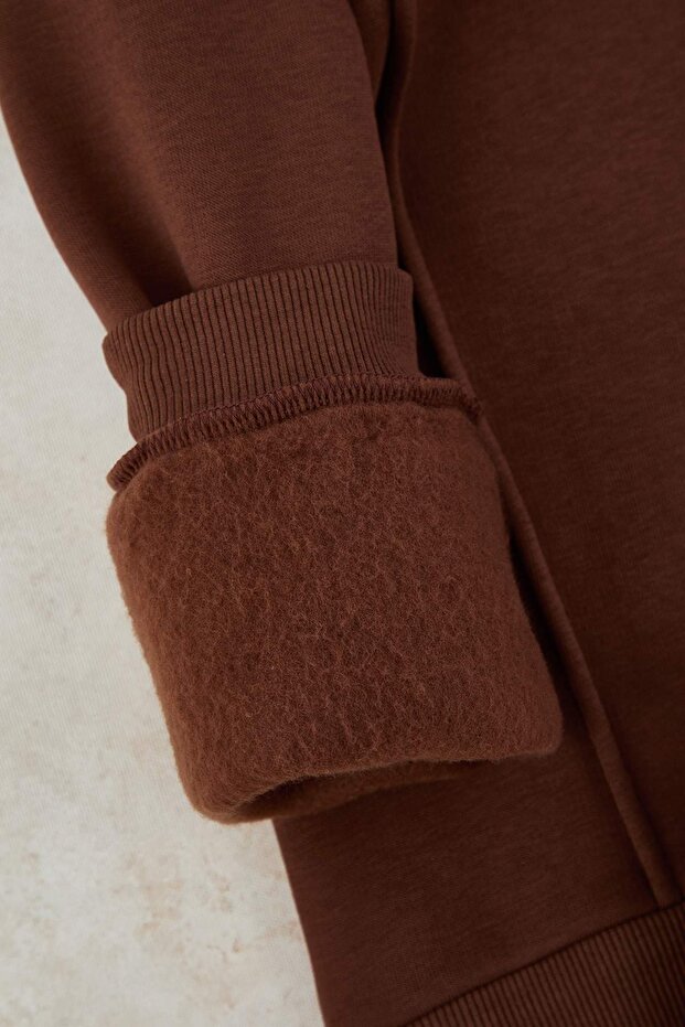 Kahverengi Pamuklu Düz Kapüşonlu Örme Erkek Çocuk Sweatshirt ve Eşofman Alt-Üst Takım TKDAW25AU00058 - 3