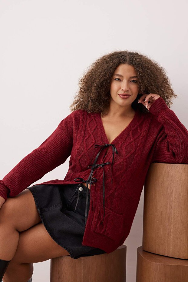 Bordo Kurdele/Fiyonk Detaylı Triko Hırka TBBAW26AV00013 - 1