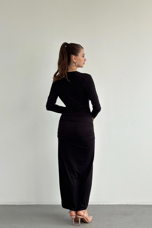 Aksesuarlı Kemerli Drapeli Uzun Elbise - 4