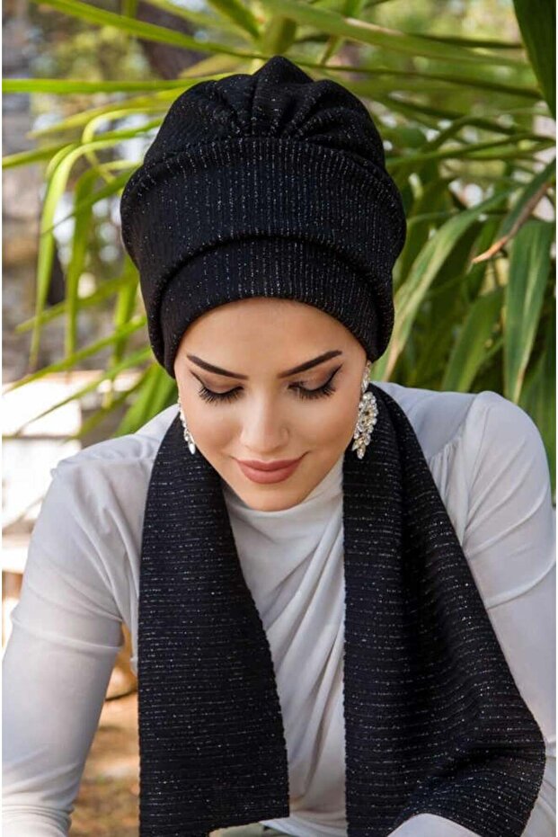 Siyah Fitilli Atkılı Bone - 5