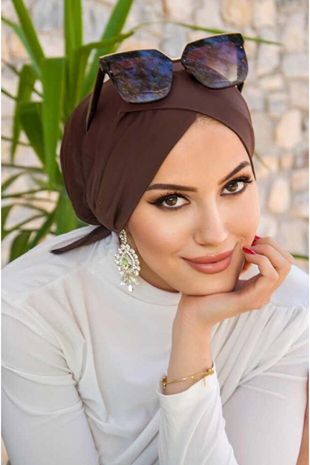 Kahve Çapraz Bantlı Bone - 4