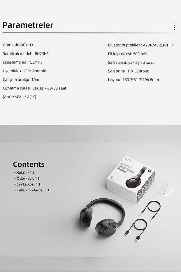 H3 Hybrid ANC Hi-Res Bluetooth 5.3 Kafaüstü Kablosuz Kulaklık Çift Cihaz Desteği Mavi - 7