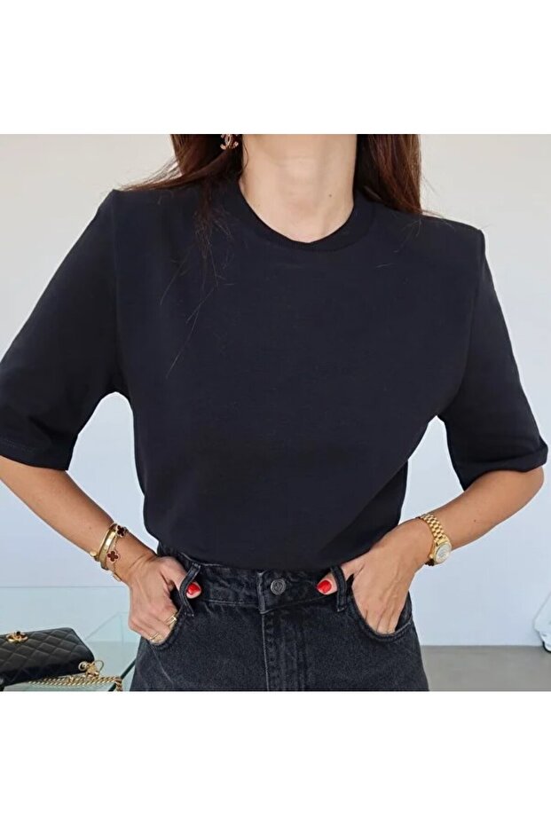 Omuzu Vatkalı Basic Tişört - 5