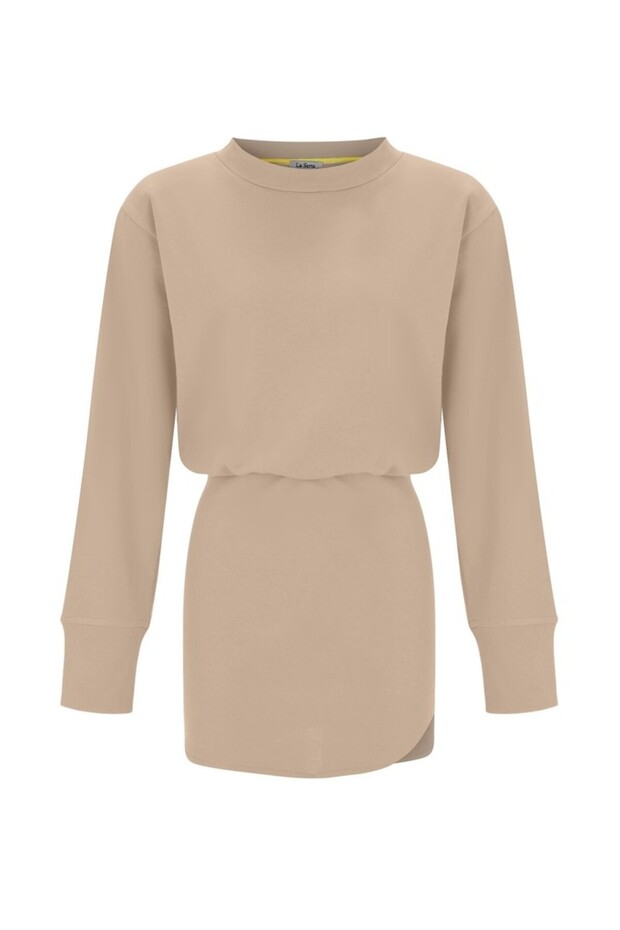 Luna Women's Stone Color Elastic Waist Skirt Oval Mini Slit Detailed Long Sleeve Sweat Dress