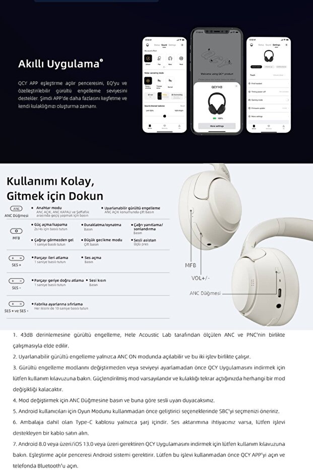 H3 Hybrid ANC Hi-Res Bluetooth 5.3 Kafaüstü Kablosuz Kulaklık Çift Cihaz Desteği Mavi - 6