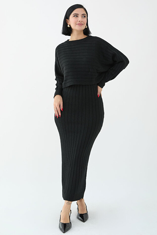 Dressed Short Sweater Black Knitwear Set