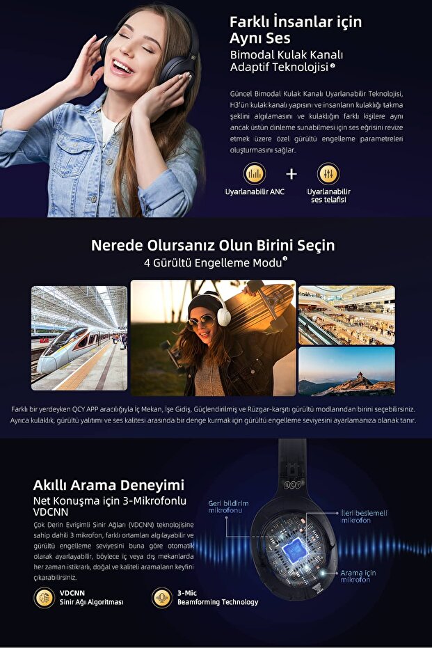 H3 Hybrid ANC Hi-Res Bluetooth 5.3 Kafaüstü Kablosuz Kulaklık Çift Cihaz Desteği Mavi - 3