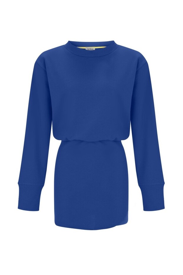 Luna Women's Navy Blue Elastic Waist Skirt Oval Mini Slit Detailed Long Sleeve Sweat Dress