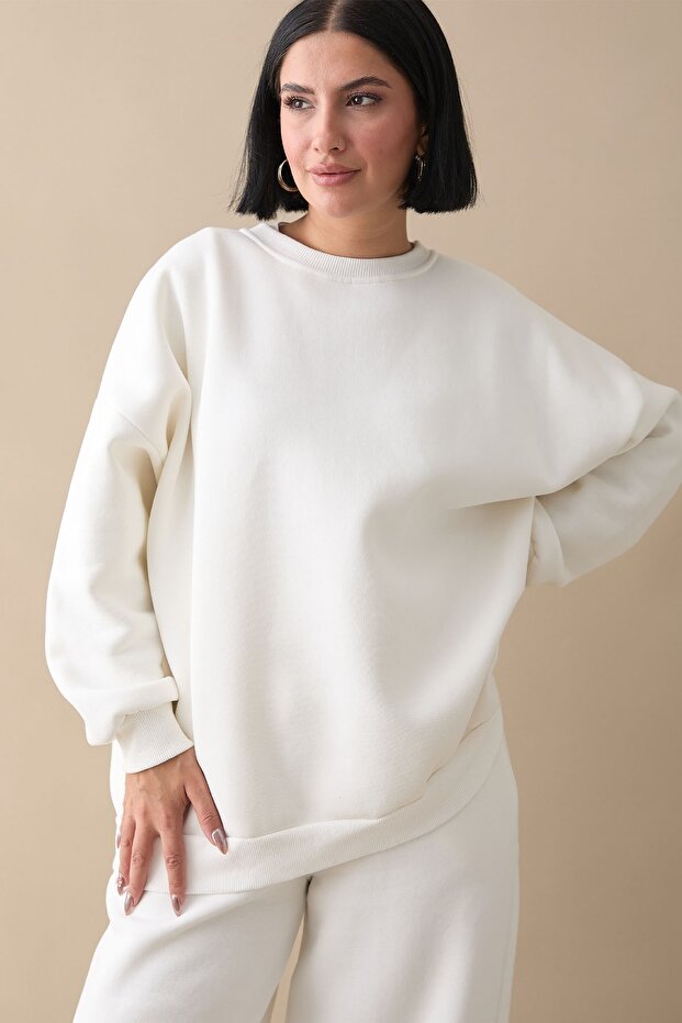 Şardonlu Basic Beyaz Sweat - 1