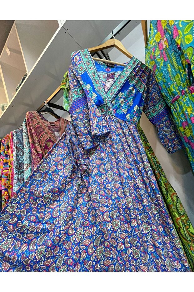 Etnik Desenli Kaftan İthal İpek Elbise - 2