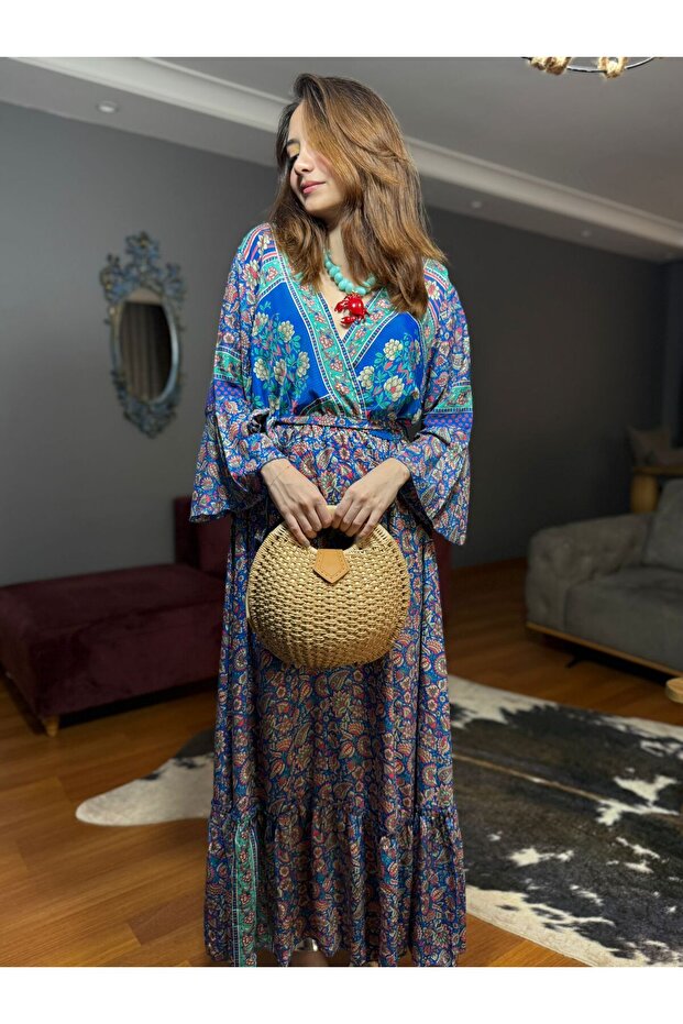 Etnik Desenli Kaftan İthal İpek Elbise - 1