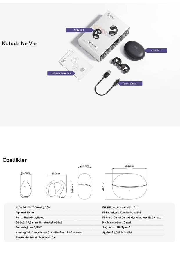 C30 (QT33) Crossky Kablosuz Küpe Kulaklık 4 Mikrofon Enc Ipx5 Bluetooth 5.4 Mor - 7