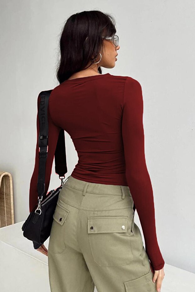 Burgunderrote Basic-Langarmbluse mit Rundhalsausschnitt MG1701 - 2