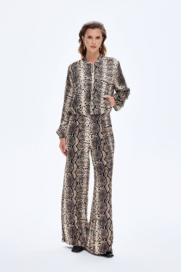 Snake Pattern Zippered Short Jacket Brown - 4