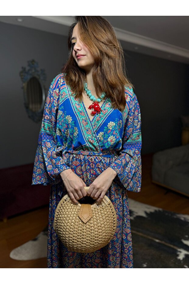 Etnik Desenli Kaftan İthal İpek Elbise - 3
