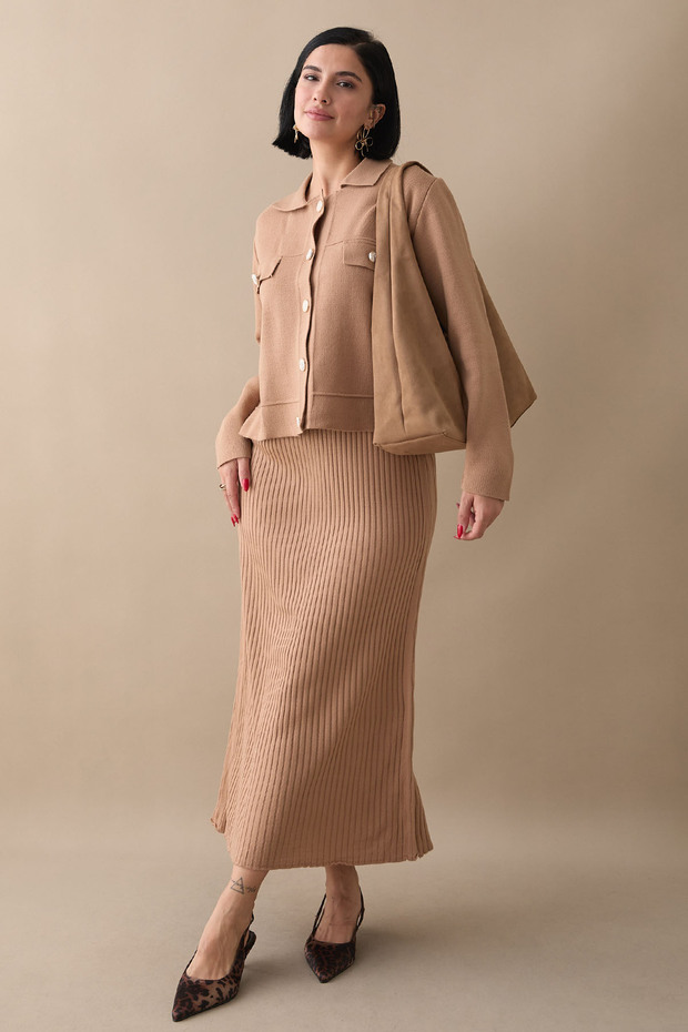 Ceketli Elbiseli Camel Triko Takım - 5