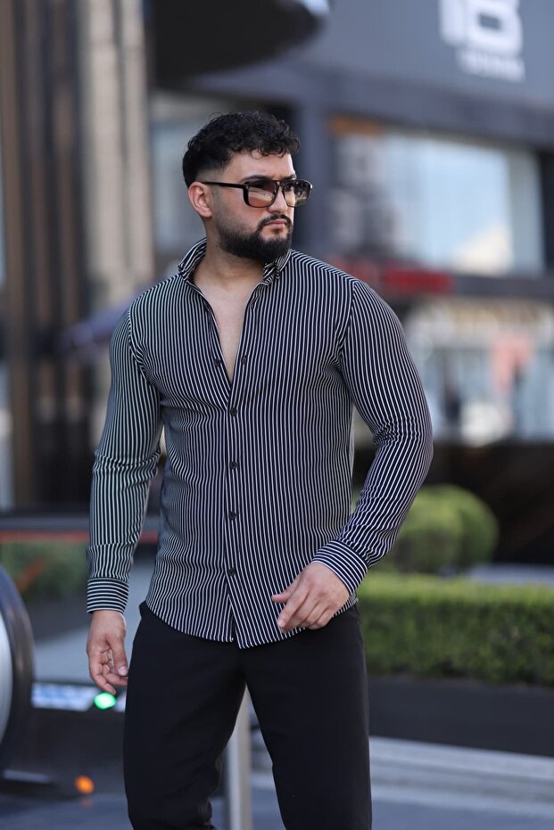 Black and White Striped Slim Fit Long Sleeve Men's Shirt - Modern Stylish Style
