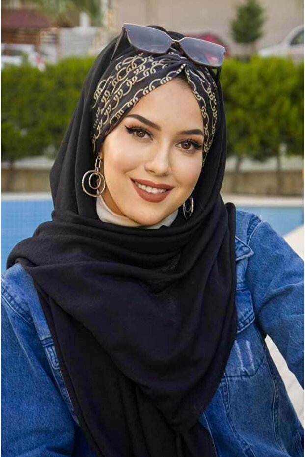 Black Chain Patterned Drawstring Ready Shawl - 4