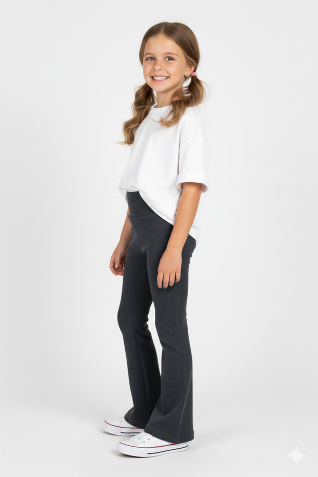 High Waist Flare Leg Ribbed Anthracite Color Girl's Leggings