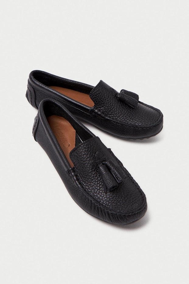 Genuine Leather 201-S Tasseled Oval Toe Women's Black Ballerina & Loafer Shoes