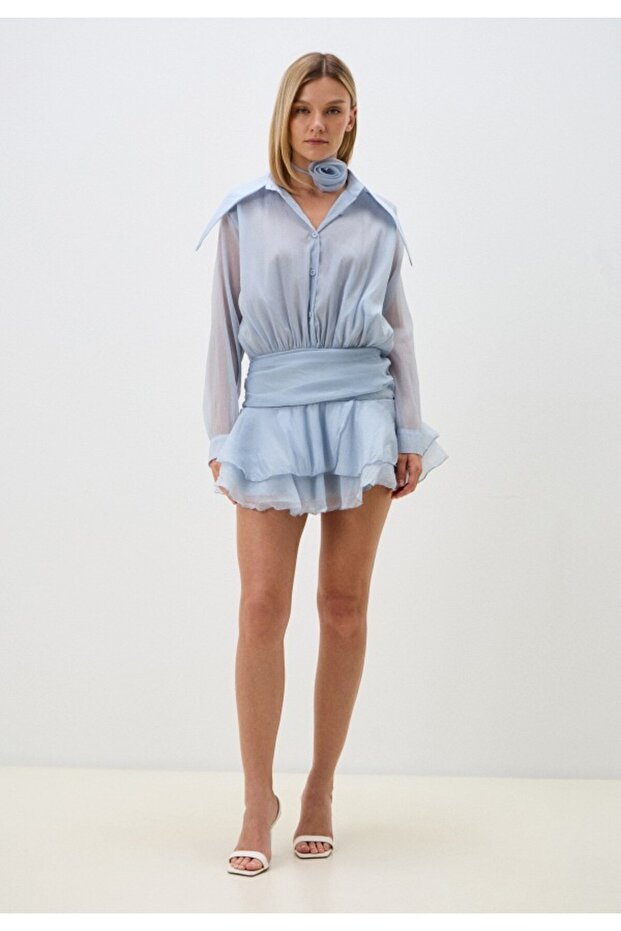 Mavi Kat Kat Tül Gömlek Elbise Mini . mavi tül elbise, astarlı davet elbisesi, mezuniyet elbisesi - 1