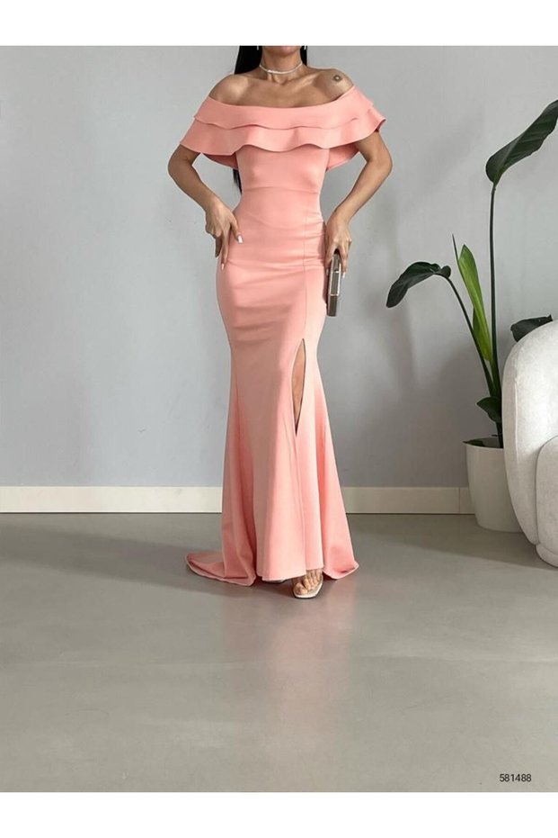 Women's Collar Detail Diver Fabric Evening Dress (Color)