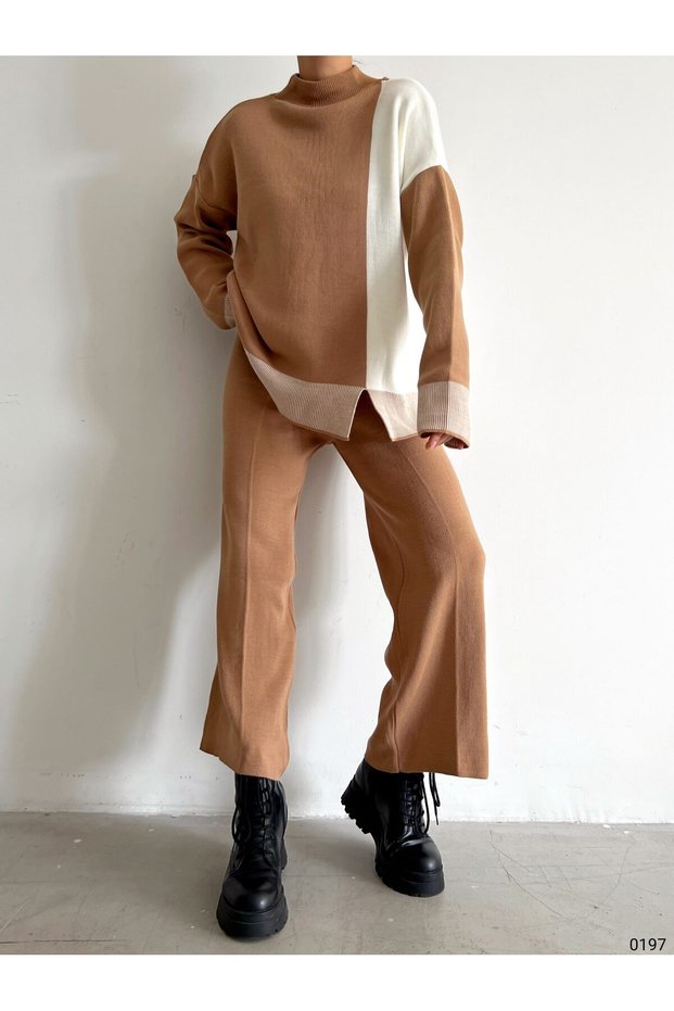 Women's Slit Detail Blouse Wide Leg Trousers Knitwear Bottom and Top Set (Color Options)