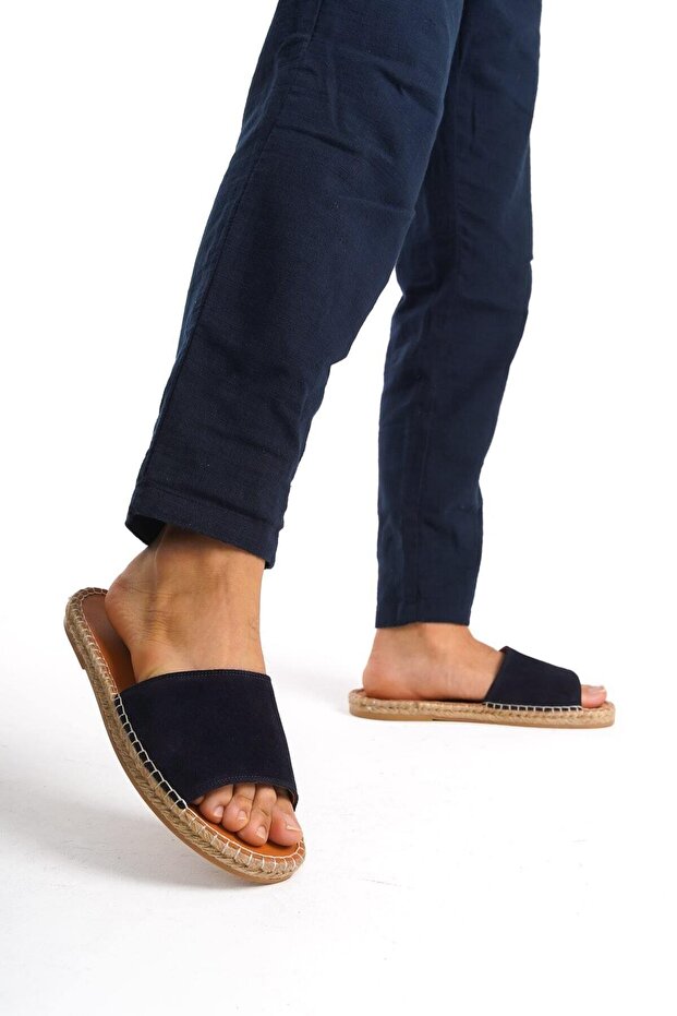 Genuine Leather Summer Men's Suede Jute Sole Navy Blue Espadrille Slippers -Mssr122-Lcv
