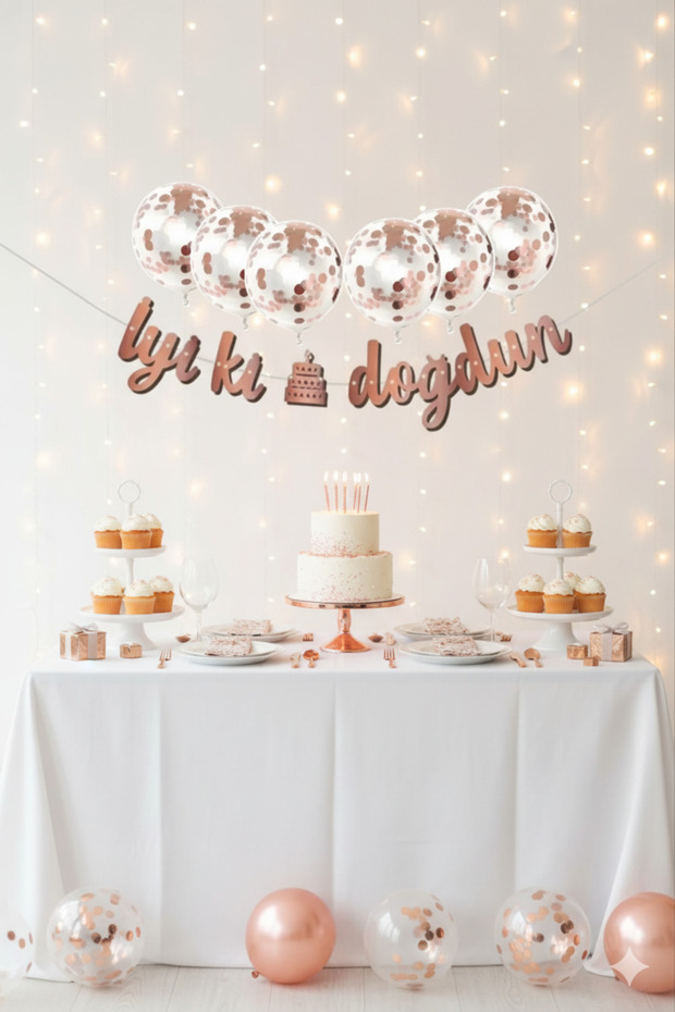 Rose Gold Transparent Balloon with Confetti, Rose Gold Happy Birthday Calligraphy