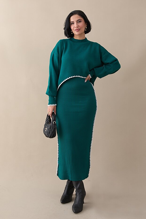 Double Trimmed Emerald Green Knitwear Set