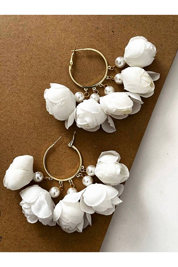 Bijouterie Tulle Pearl Detailed Flower Pattern Earrings