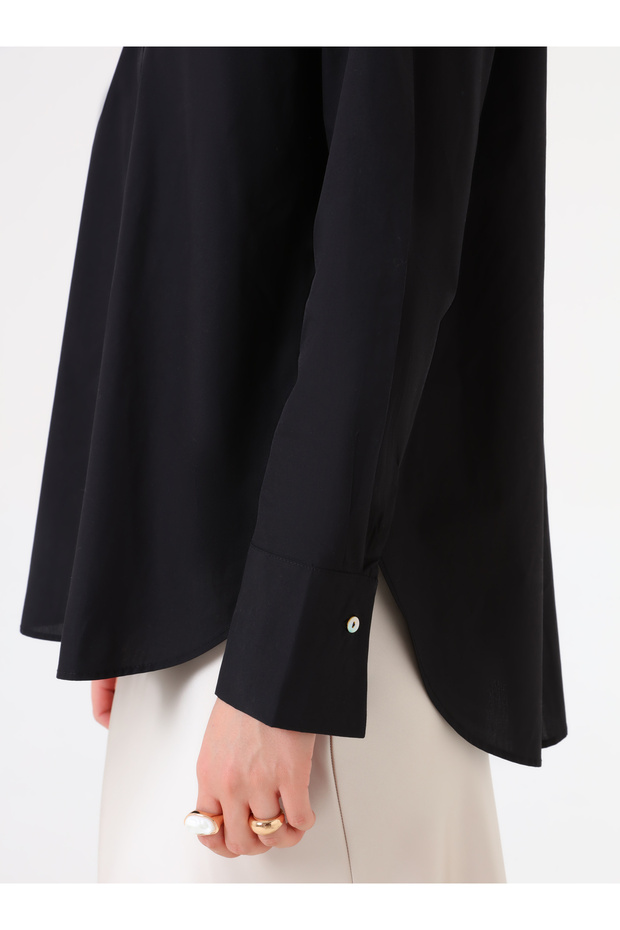 Geniş Manşetli Basic Poplin Gömlek - Siyah - Benin - 5