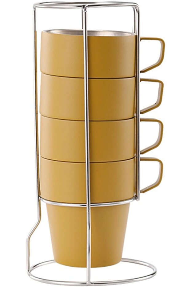 AUTO FAMILY Stackable Stainless Steel Coffee Mug Set with Rack and Mesh Carrying Bag Set of 4