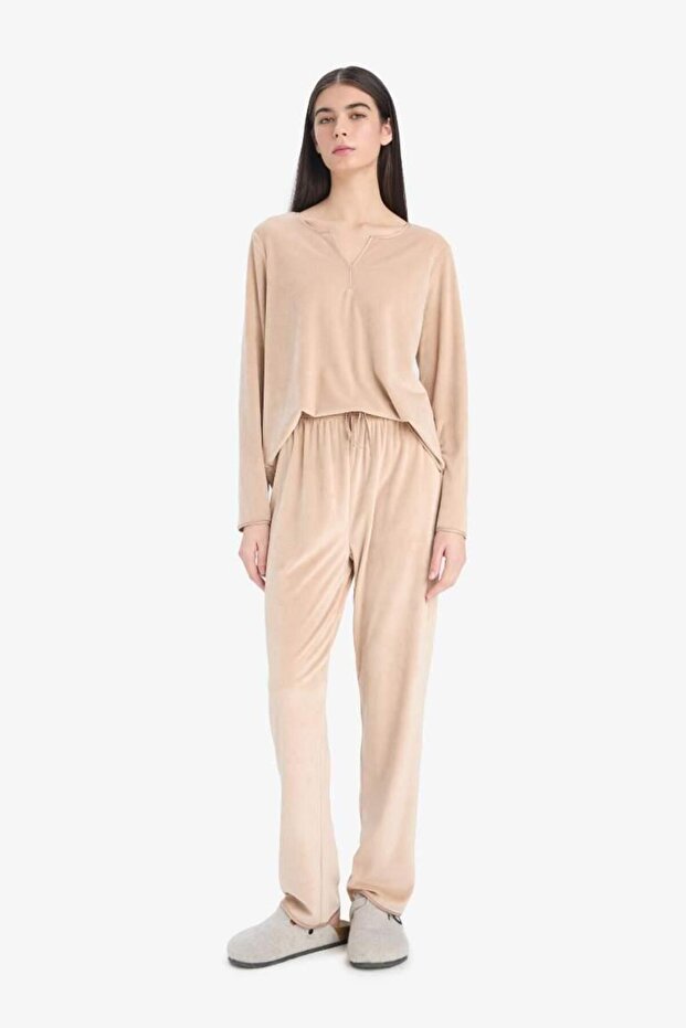 Pijama Takımı Regular Fit Uzun Kollu Velur Üst Uzun Alt-Fall in Love A3356AX25AU - 1