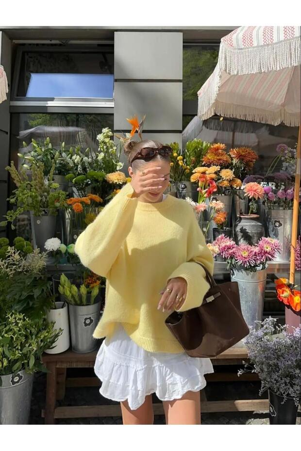 Limon Sarı Bisiklet Yaka Oversize Kadın Triko Kazak - 6