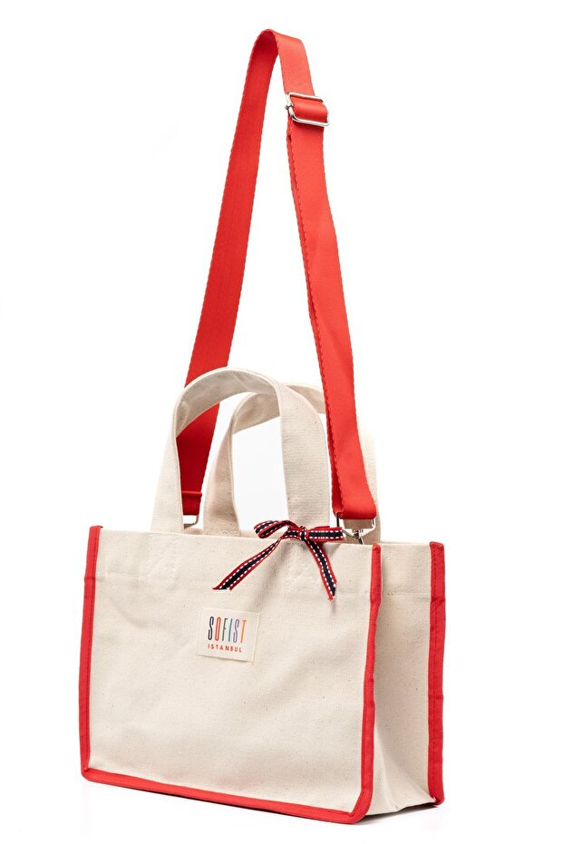 Red & Ecru Canvas Balat Tote Bag Adjustable Strap Women's Hand and Shoulder Bag