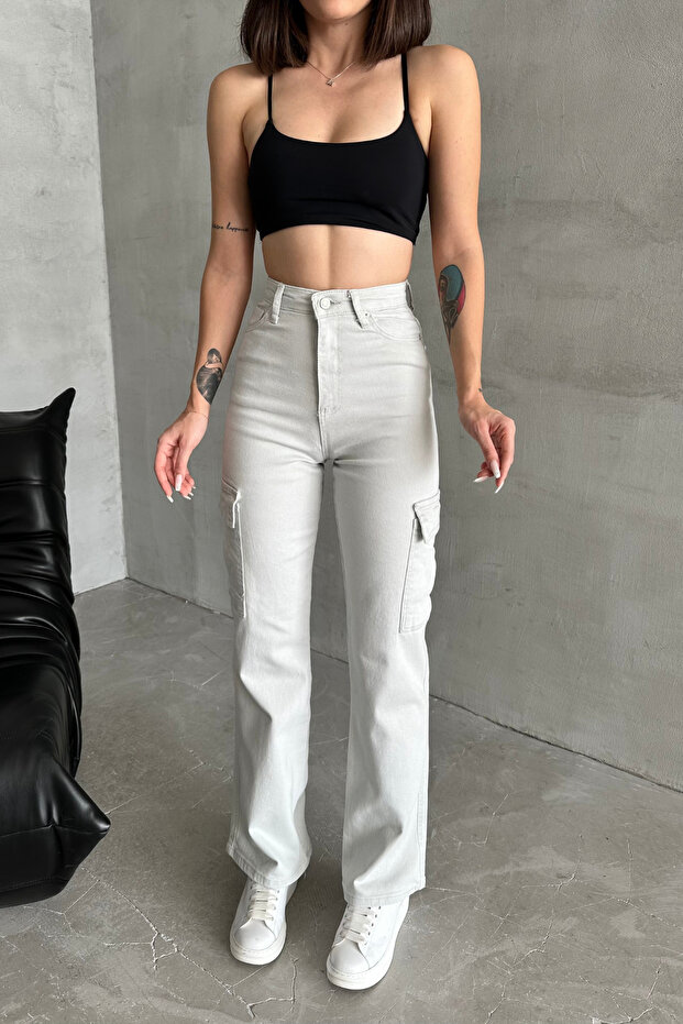Women's Palazzo Loose Stone Denim Cargo Pocket Trousers