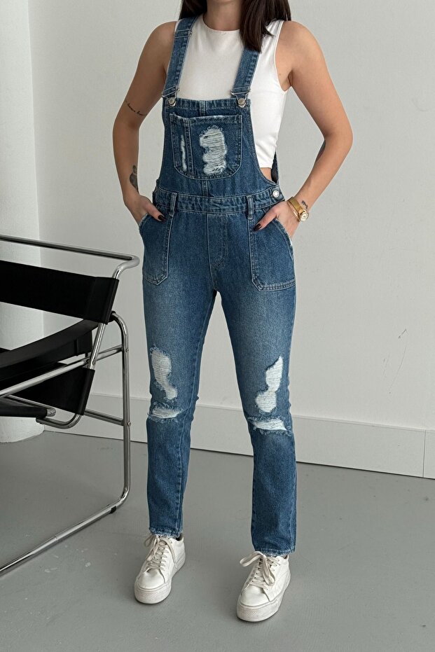 Women's Jeans Strap Pocketed Gardener Blue Denim Jumpsuit