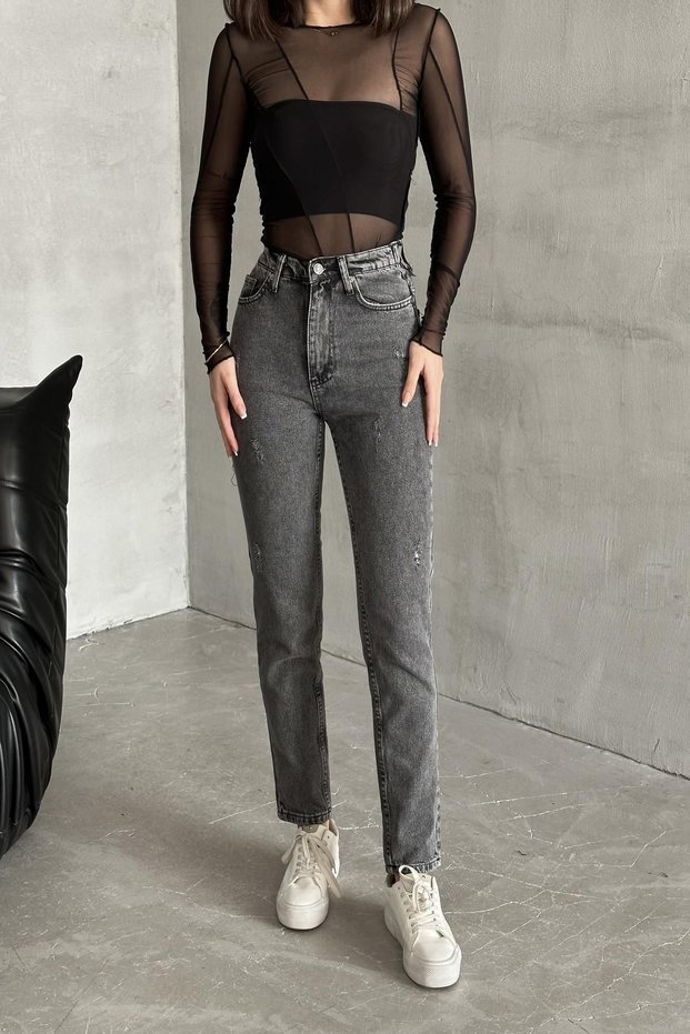 Women's Elastic Waist Wide Leg Mom Smoked Jeans