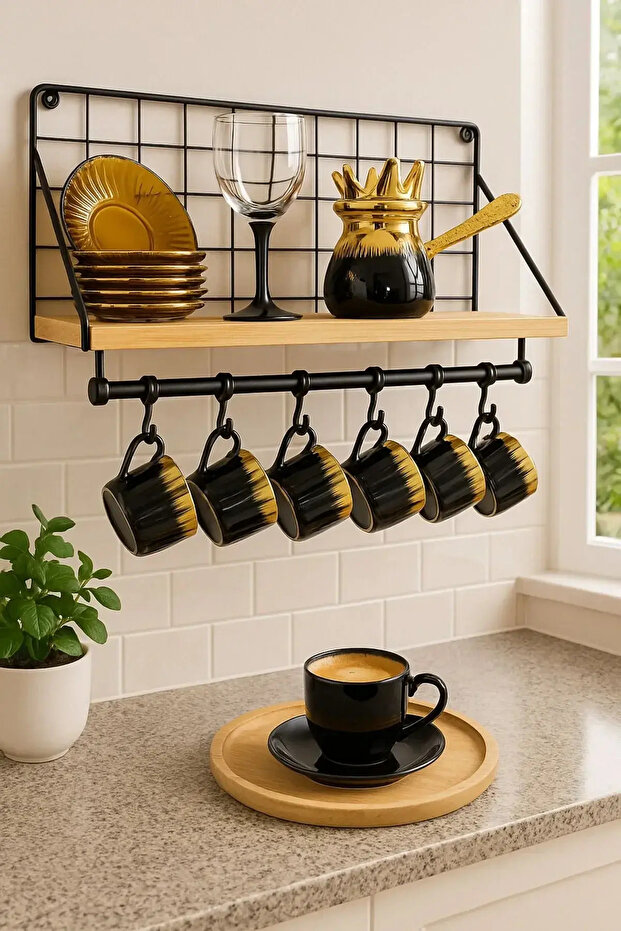 Tel Askılıklı Ahşap Standlı Kancalı Mutfak Rafı Mutfak Askısı - 1