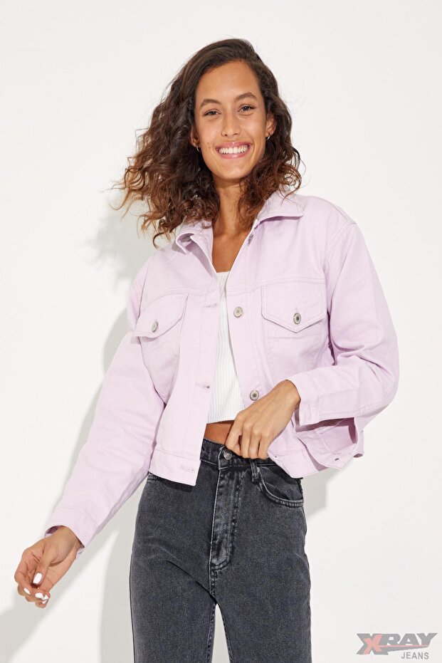Women's Buttoned Short Polo Collar Pocket Lilac Denim Jacket