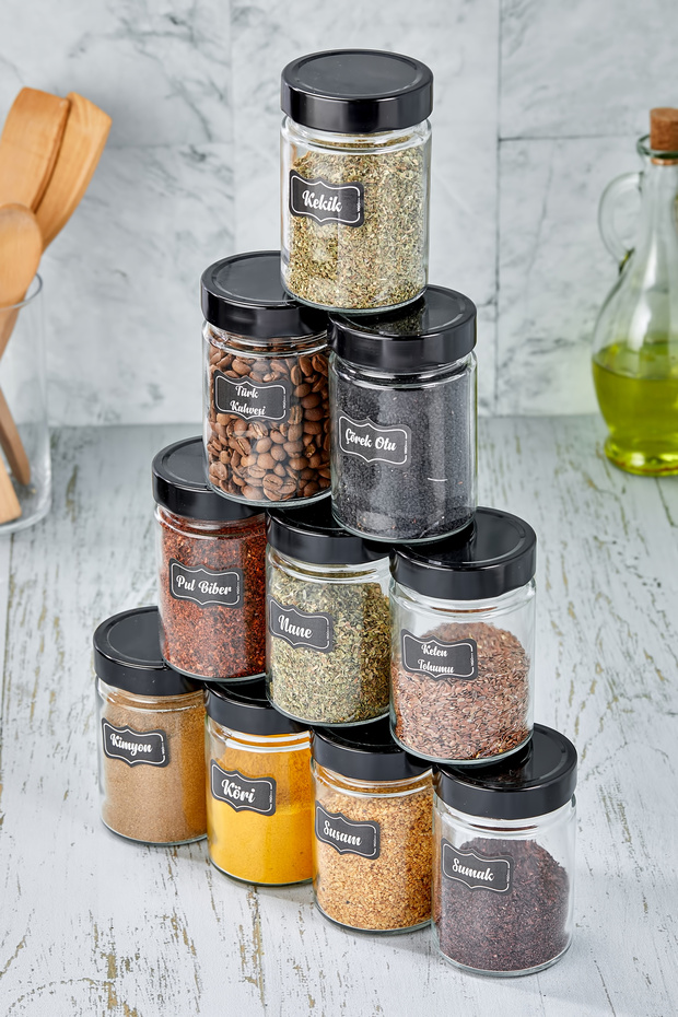 Black Set - 10 Pieces Glass Spice Jars with Metal Lids 350Cc - Glass Jar Set 10 Spice Jars