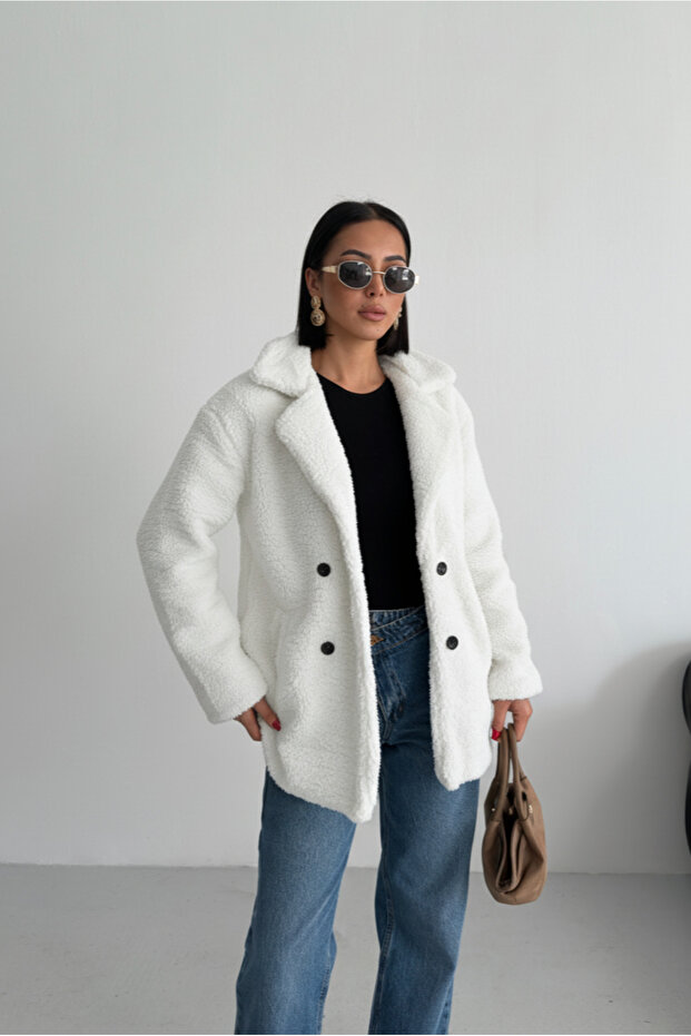 Women's Unlined Plush Ecru Winter Coat