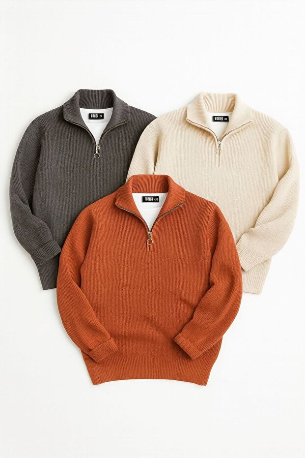 Pack of 3 Men's Corded Fabric Half-Zip Collar Detail Knit Sweater in Smoke, Beige, Terracotta