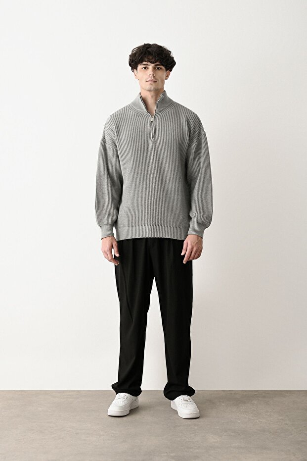 Fermuarlı Gri Dik Yaka Basic Oversize Kazak - 3