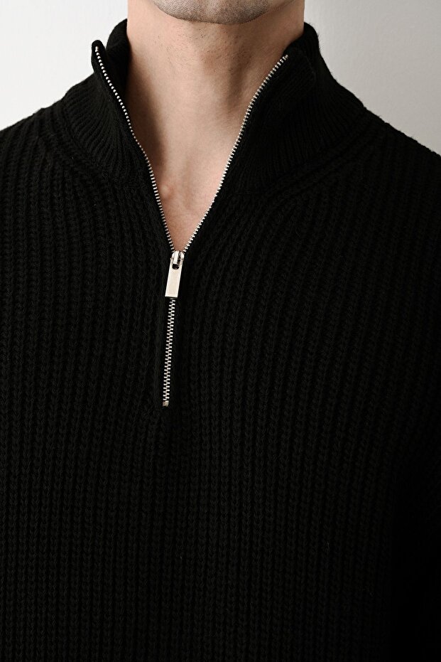 Fermuarlı Siyah Dik Yaka Basic Oversize Kazak - 2